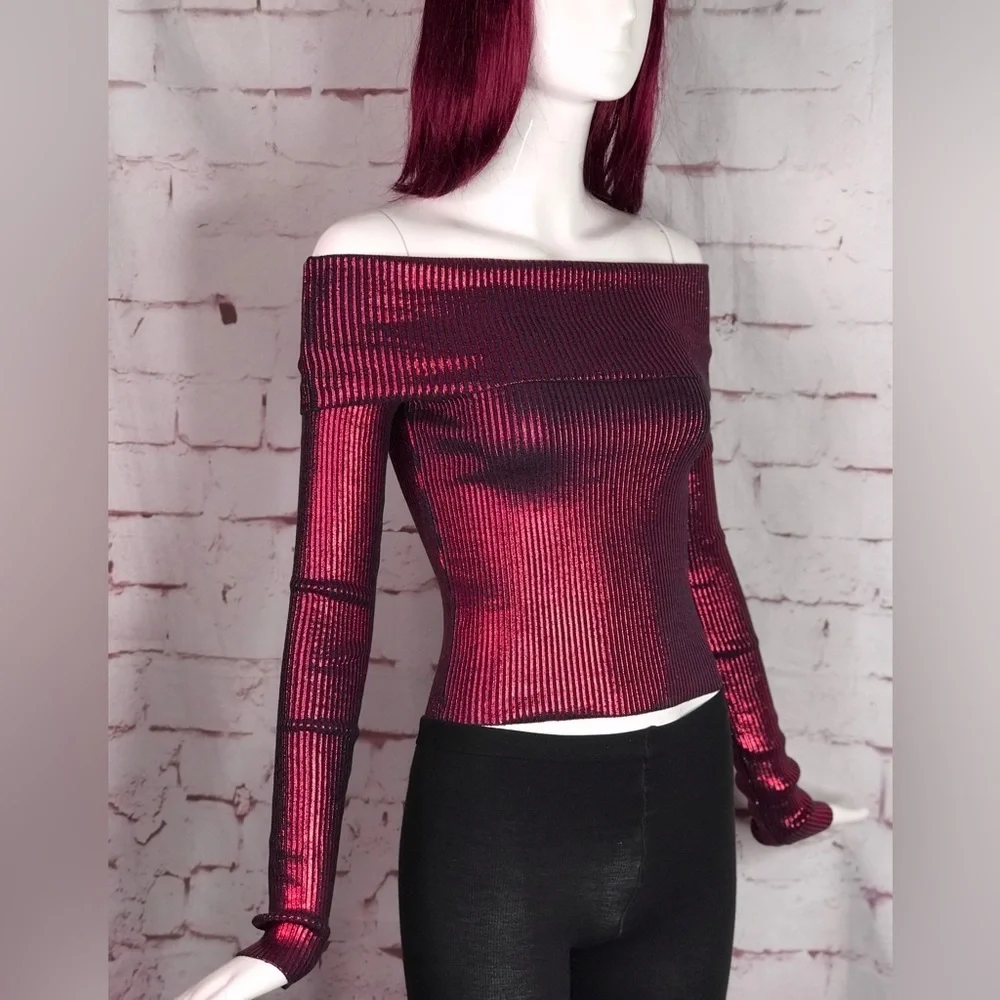 NEW ZARA XS Off the Shoulder Red Metallic Knit Foil Stretch Top NEW WITH TAG - Picture 9 of 15